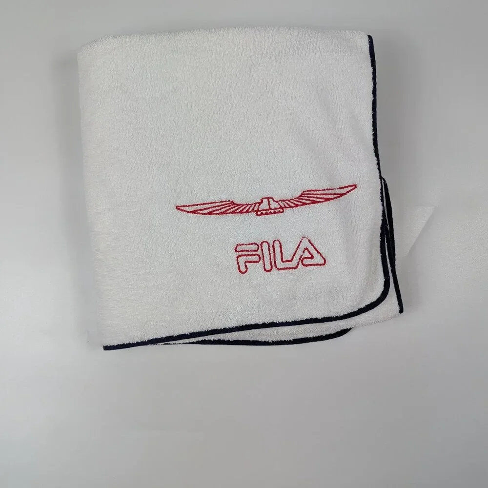 FILA White Line Bath Towel Vtg 73 Italy White Navy Embroidered Logo 100% Cotton